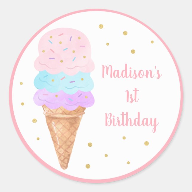 Ice Cream Pink Gold Pastel Birthday Classic Round Sticker (Front)