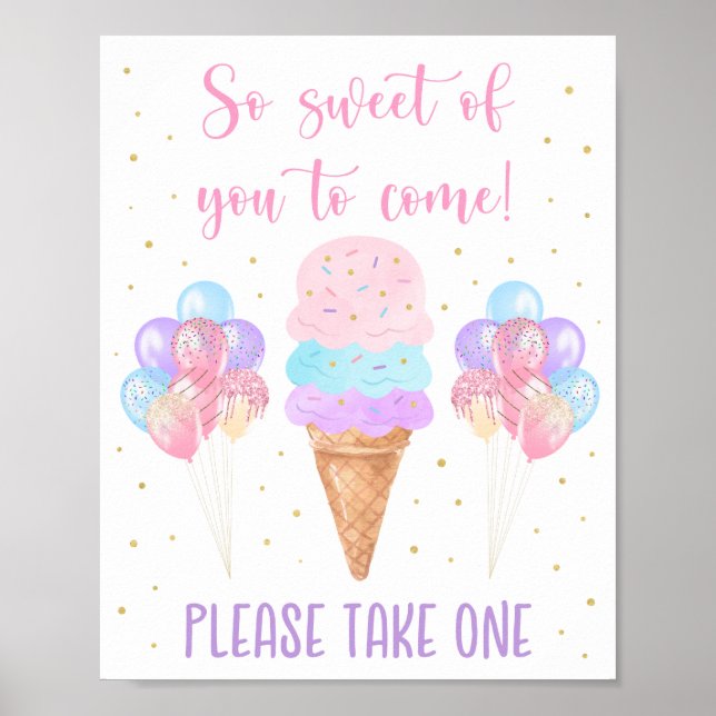 Ice Cream Pink Gold Pastel Birthday Favor Sign (Front)