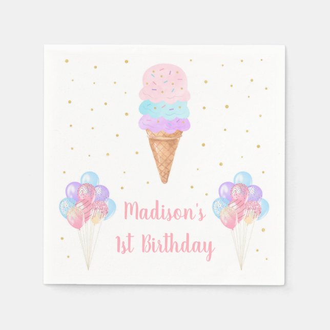 Ice Cream Pink Gold Pastel Birthday Napkin (Front)