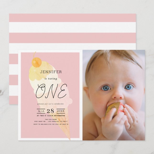 Ice Cream Pink Stripe Girl 1st Birthday Invitation (Front/Back)