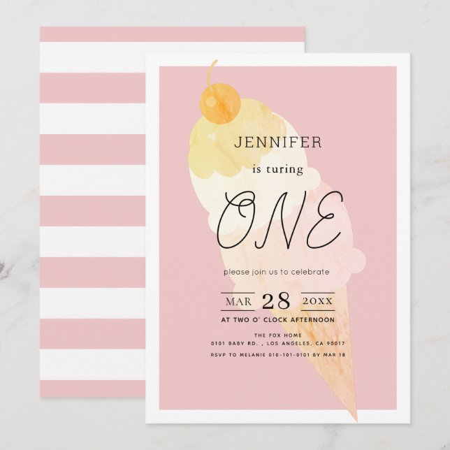 Ice Cream Pink Stripe Girl 1st Birthday Invitation (Front/Back)