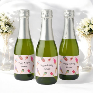 Ice Cream Popsicle Birthday Pink Party  Sparkling Wine Label