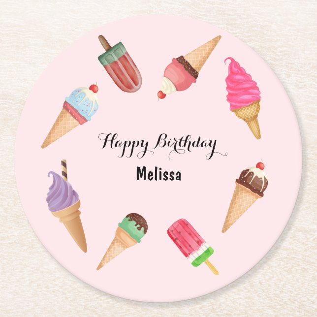 Ice Cream Popsicle Party Pink Paper Coaster (Front)
