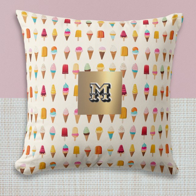 Ice Cream Popsicle Pattern Colourful Monogrammed Throw Pillow (A cute monogrammed throw pillow, with colorful pattern of ice cream cones and ice lollies)