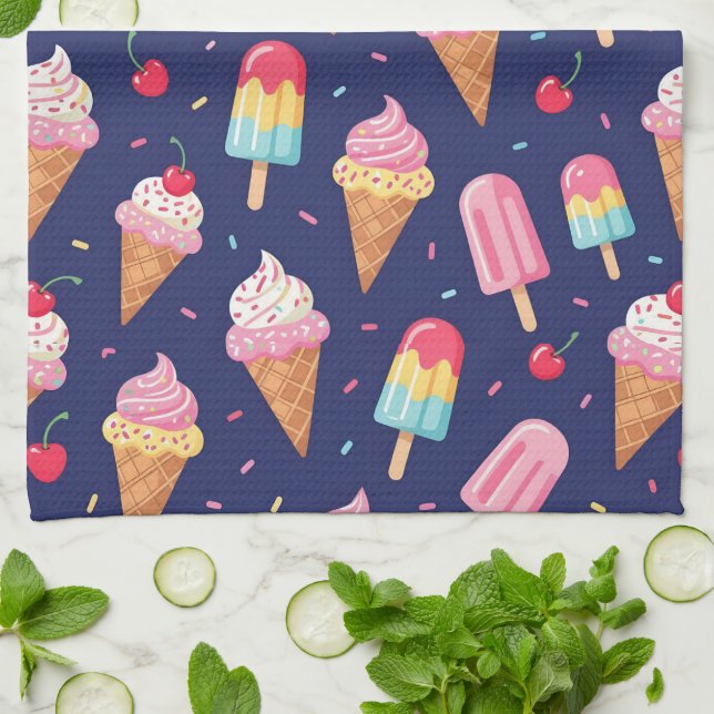 Ice cream, popsicles and cherries pattern kitchen towel (Folded)