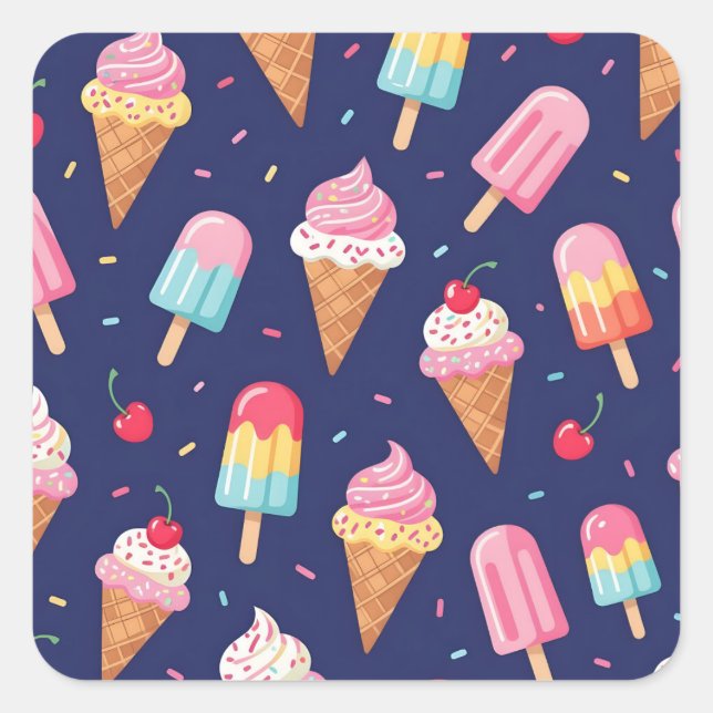 Ice cream, popsicles and cherries pattern square sticker (Front)