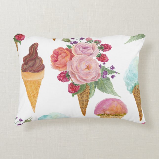 Ice-cream, raspberries: watercolor pattern. accent pillow (Front)