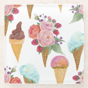 Ice-cream, raspberries: watercolor pattern. glass coaster