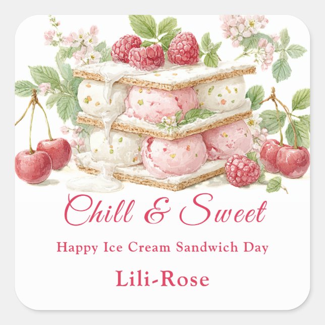 Ice Cream Sandwich Day Watercolor  Square Sticker (Front)