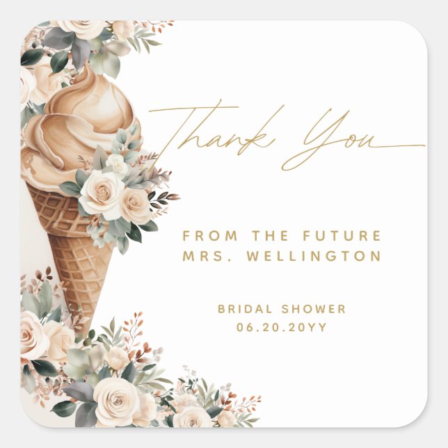 Ice Cream Scooped Up Floral Boho Bridal Shower Square Sticker (Front)