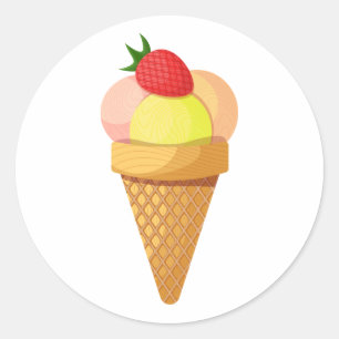 Ice cream scoops and strawberry in waffle cone classic round sticker