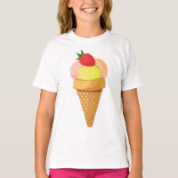 Ice cream scoops and strawberry in waffle cone