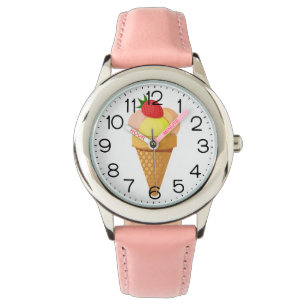 Ice cream scoops and strawberry in waffle cone watch