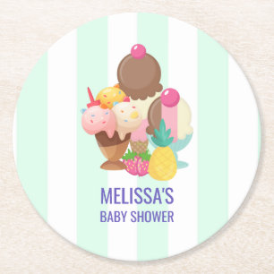 Ice Cream Scoops with Sprinkles Baby Shower Round Paper Coaster