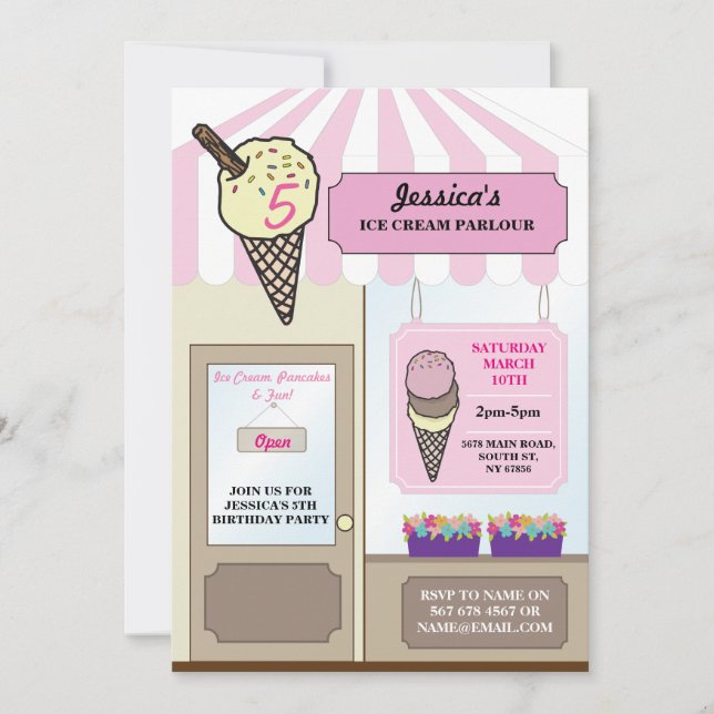 Ice Cream Shop Parlour Birthday Party Invite (Front)