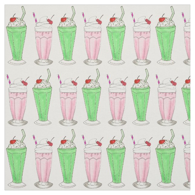 Ice Cream Shoppe Pink Green Shake Milkshake Print Fabric (Swatch)