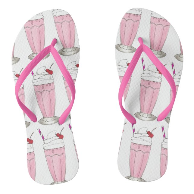 Ice Cream Shoppe Strawberry Pink Milkshake Foodie Flip Flops (Footbed)