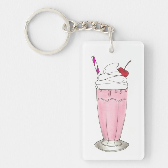 Ice Cream Shoppe Strawberry Pink Milkshake Foodie Keychain (Front)