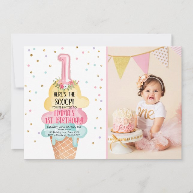 Ice Cream Social Here's the Scoop First Birthday Invitation (Front)