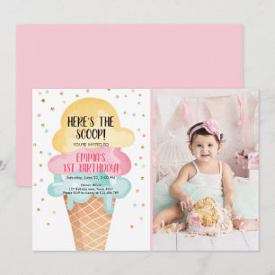 Ice Cream Social Here's the Scoop Pink Confetti Invitation