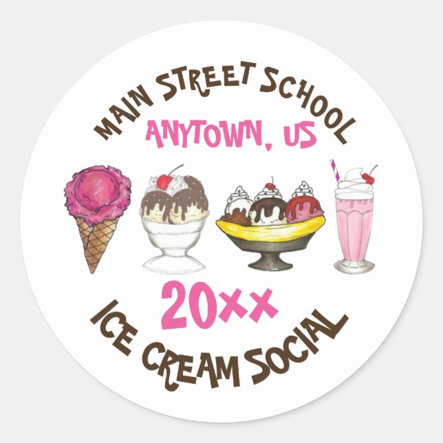 Ice Cream Social Make Your Own Sundae Party Classic Round Sticker (Front)