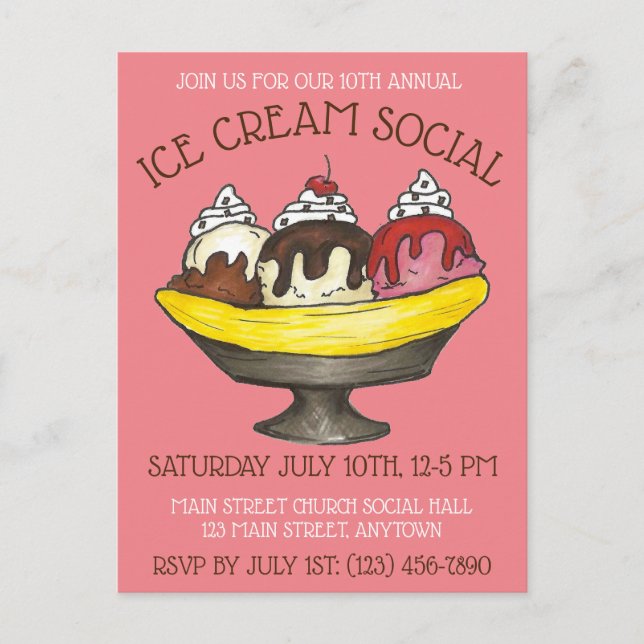 Ice Cream Social Party Dessert Banana Split Sundae Invitation Postcard (Front)