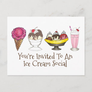 Ice Cream Social Sundae Cone Party Invitation Postcard