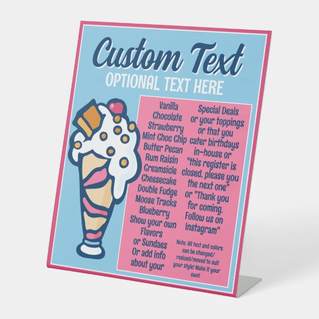 Ice Cream Specials Flavours Mini Menu Pedestal Sig Sign (Front)