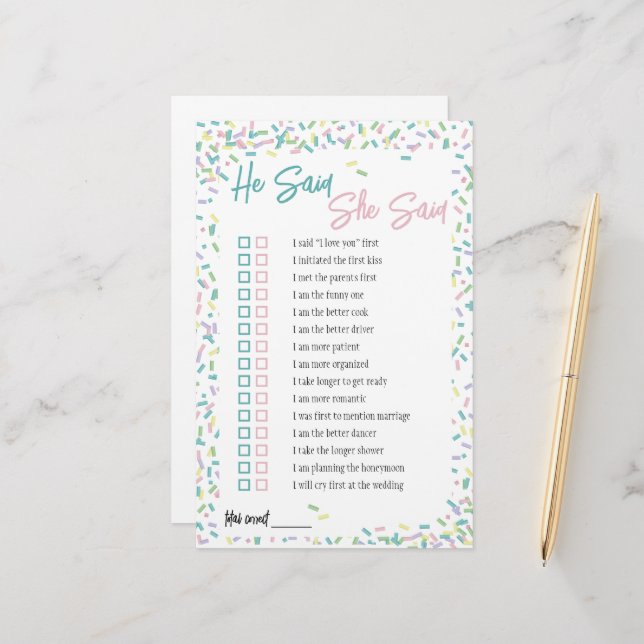 Ice Cream Sprinkles He Said She Said Game Stationery (Front/Back In Situ)