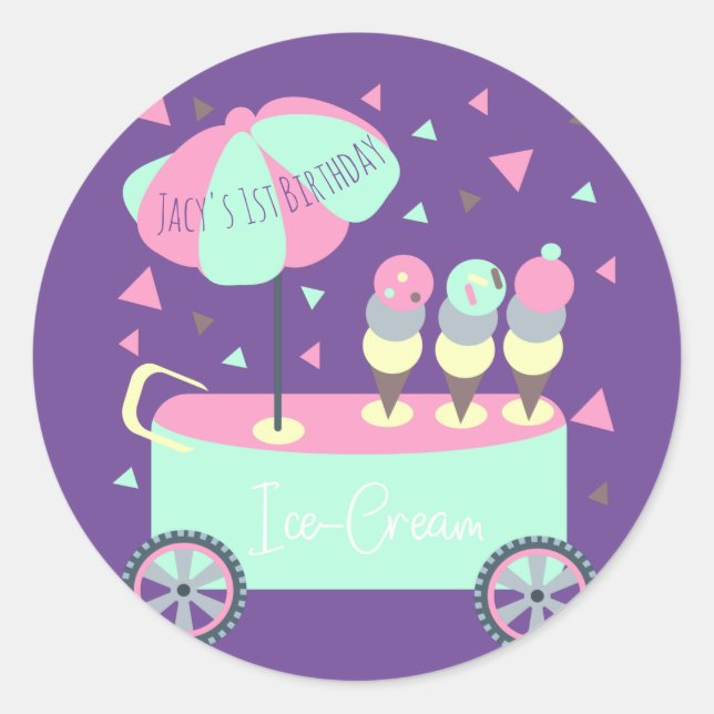 Ice Cream Stand Confetti Birthday Party Purple Classic Round Sticker (Front)