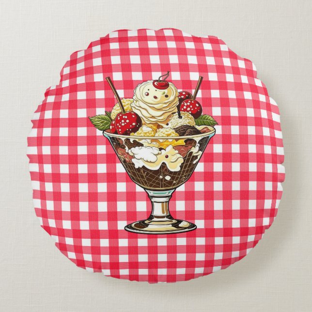 Ice Cream Sundae and Shake Red Chequered Round Pillow (Front)