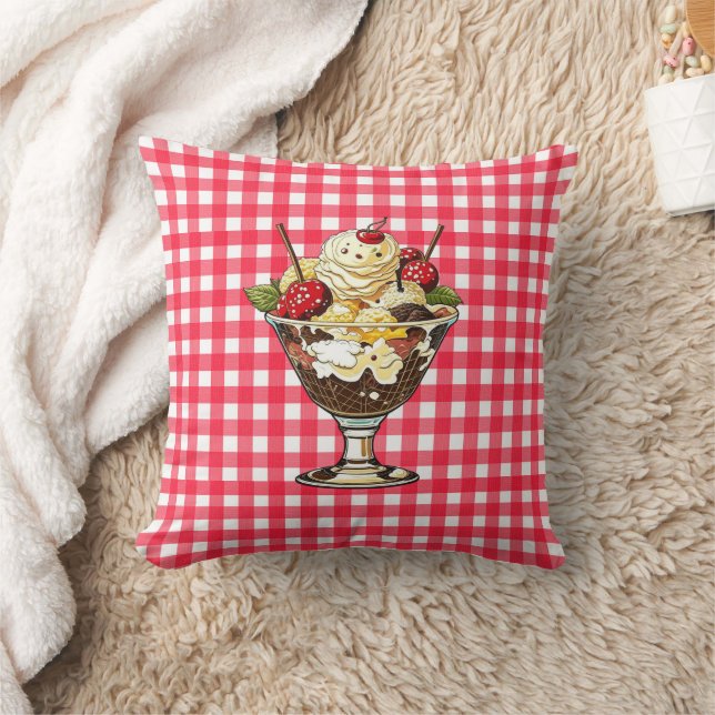 Ice Cream Sundae and Shake Red Chequered Throw Pillow (Blanket)