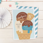 Ice Cream Sundae Kids Birthday Party Invitation<br><div class="desc">Chill out with these cute ice cream themed party invitations for your little one's birthday party. Fun summer design in a soft muted colour palette features scoops of chocolate, vanilla, and blue ice cream in a waffle cone topped with chocolate syrup and sprinkles. Personalize with your party details inscribed on...</div>