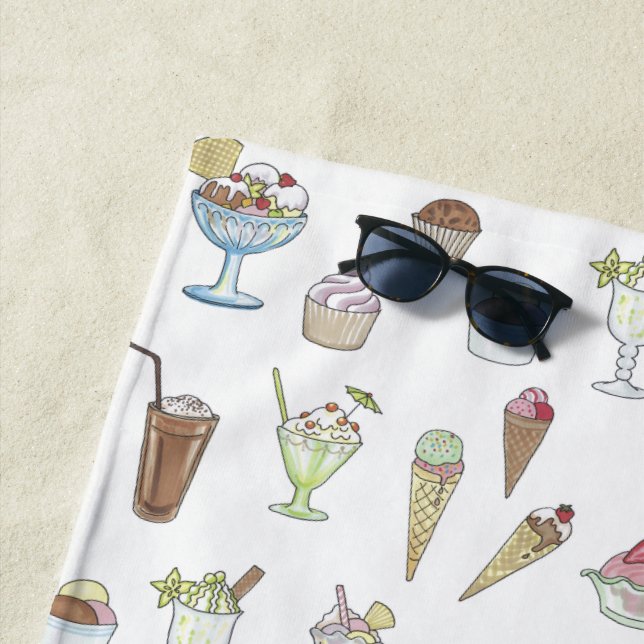 Ice Cream Sundae Pattern White Beach Towel (In Situ)