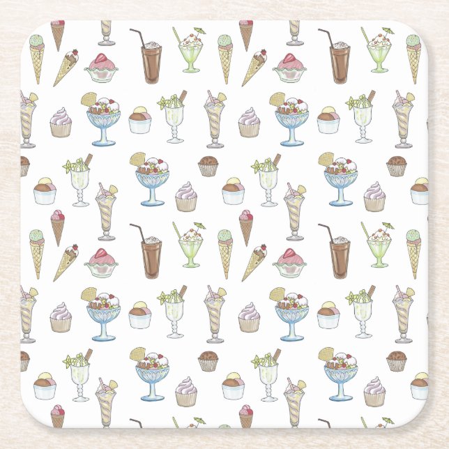 Ice Cream Sundae Pattern White Square Paper Coaster (Front)