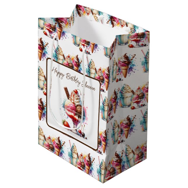  Ice Cream Sundae Personalized Birthday Medium Gift Bag (Front Angled)