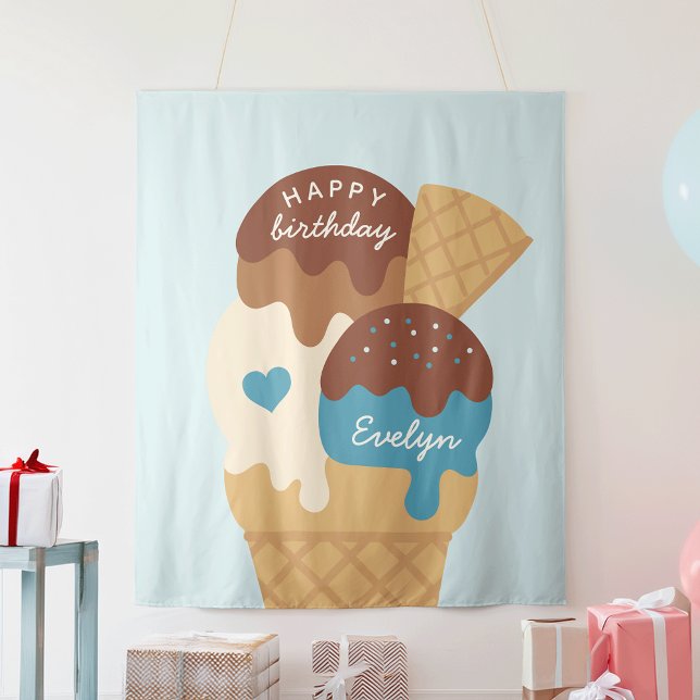 Ice Cream Sundae Personalized Kids Birthday Party Tapestry (Creator Uploaded)
