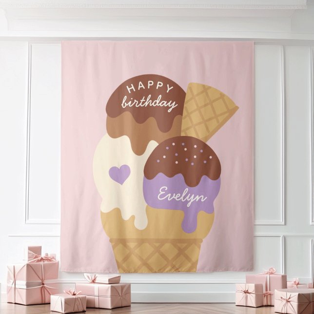 Ice Cream Sundae Personalized Kids Birthday Party Tapestry (Creator Uploaded)