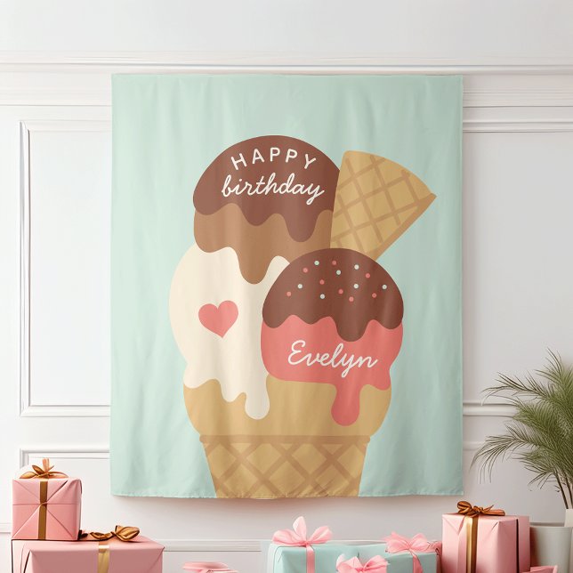 Ice Cream Sundae Personalized Kids Birthday Party Tapestry (Creator Uploaded)