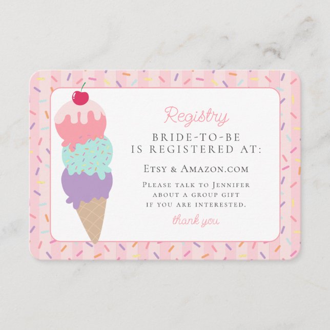 Ice Cream Sundae Scooped Up Bridal Shower Registry Enclosure Card (Front)