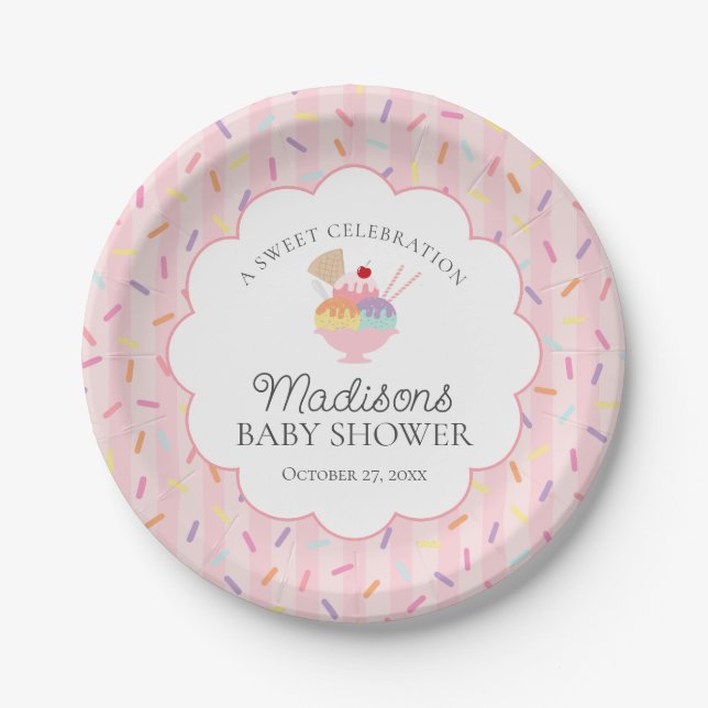 Ice Cream Sundae Sprinkled with Love Baby Shower Paper Plate (Front)