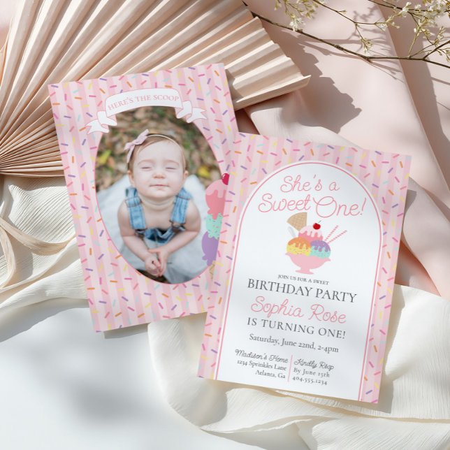 Ice Cream Sundae Sweet One First Birthday Party Invitation (Creator Uploaded)