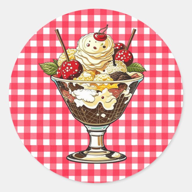 Ice Cream Sundae with Cherries Red Chequered Classic Round Sticker (Front)