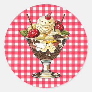 Ice Cream Sundae with Cherries Red Chequered Classic Round Sticker