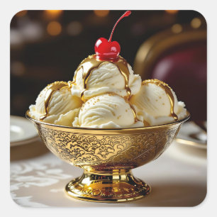 Ice Cream Sundae with Gold Syrup Blank Square Sticker