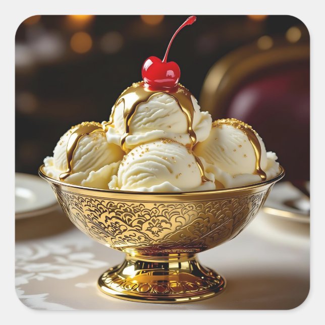 Ice Cream Sundae with Gold Syrup Blank Square Sticker (Front)