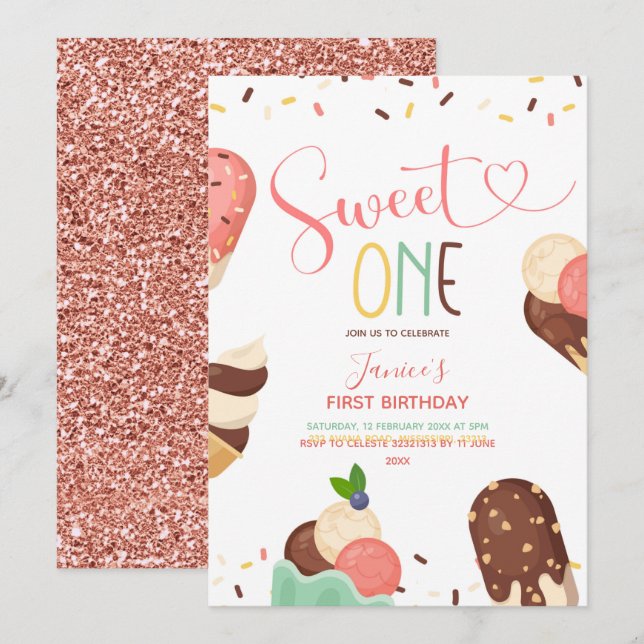 Ice Cream Sweet One First Birthday Invitation (Front/Back)