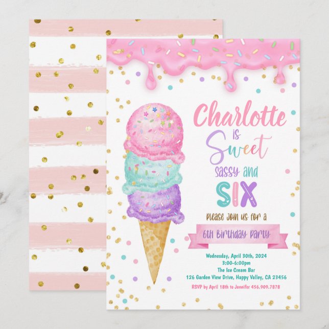 Ice Cream Sweet Sassy and Six 6th Birthday Party Invitation (Front/Back)