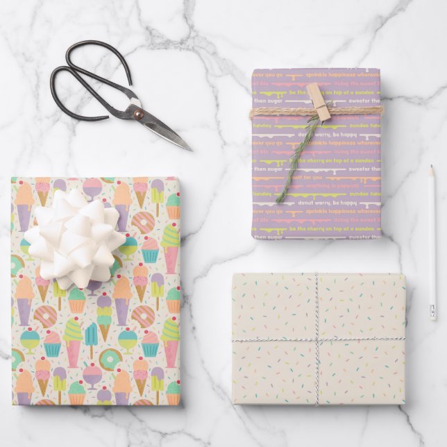 Ice Cream Sweet Treats & Sprinkles Birthday Party Wrapping Paper Sheet (Front)
