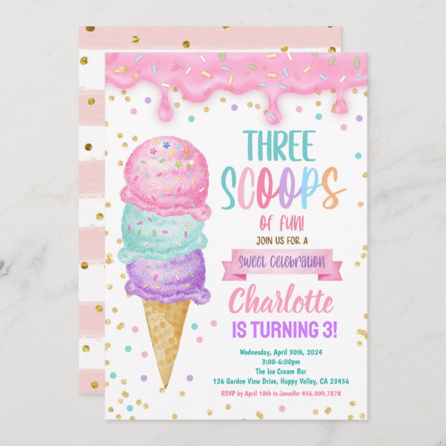 Ice Cream Three Scoops of Fun 3rd Birthday Party Invitation (Front/Back)